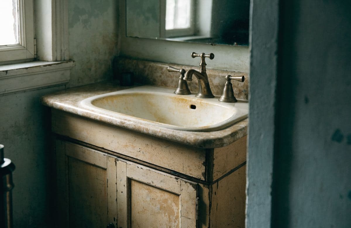 Illustrative old worn bathroom fixtures with a dated vanity