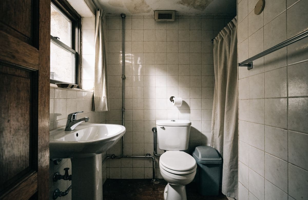 Illustrative cramped small bathroom with an inefficient layout