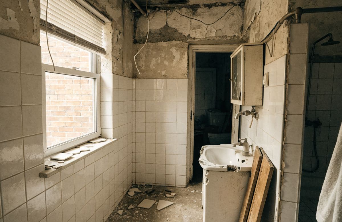 Illustrative dated rental bathroom ready for renovation