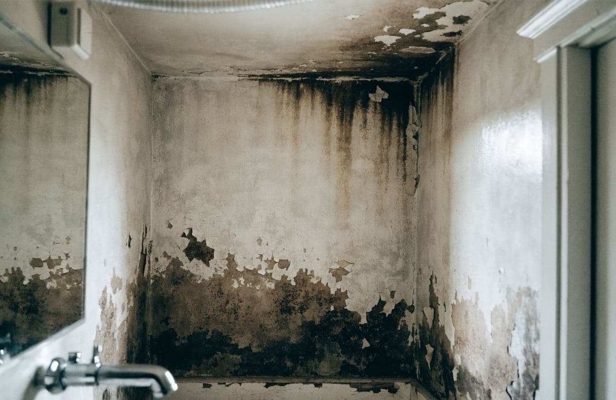 Illustrative bathroom wall with water damage stains and peeling paint