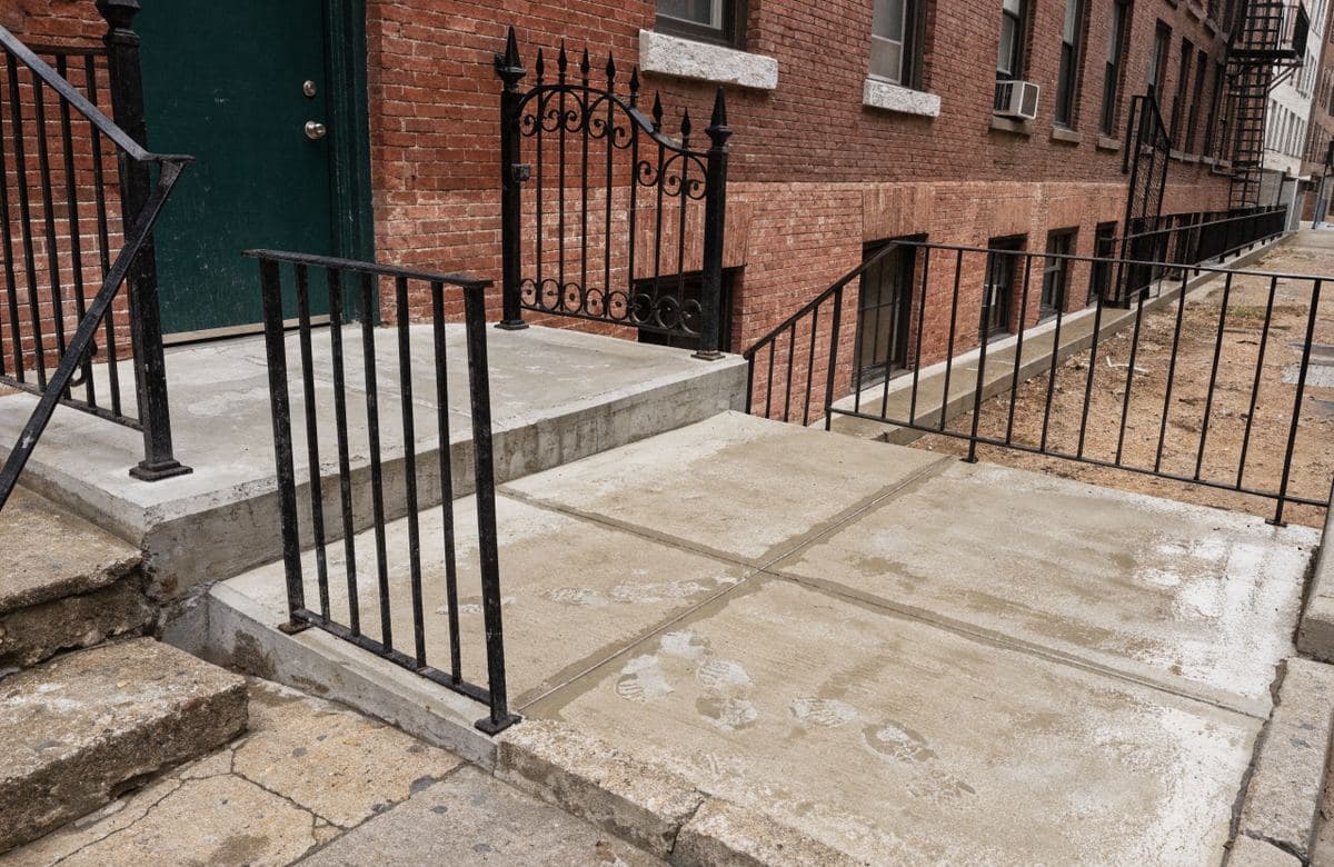Illustrative apartment building entrance with a new concrete landing