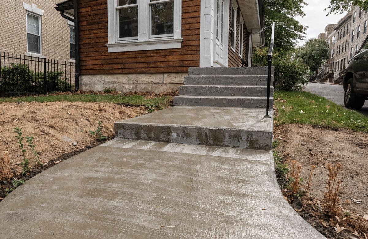 Illustrative single-family home with a new concrete walkway and steps