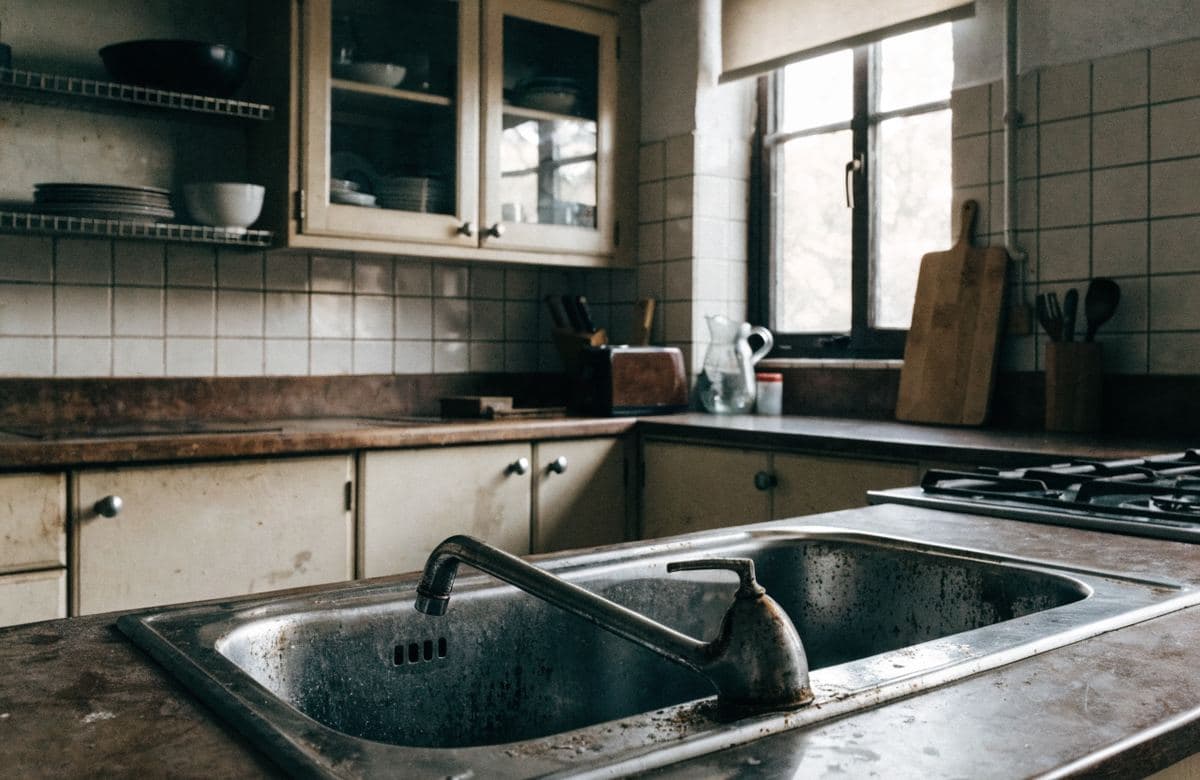 Illustrative kitchen with hard-to-clean worn surfaces