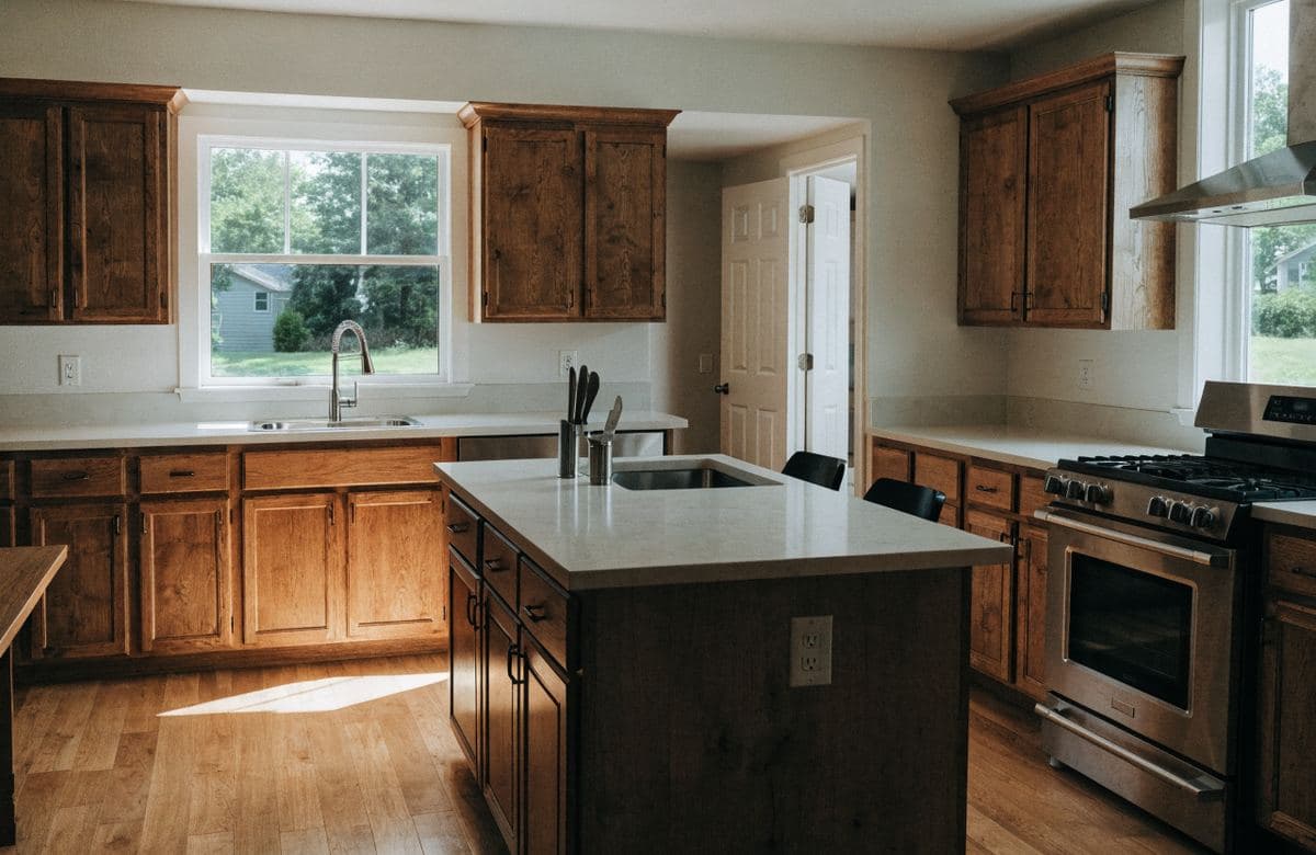 Illustrative finished single-family home kitchen with an island