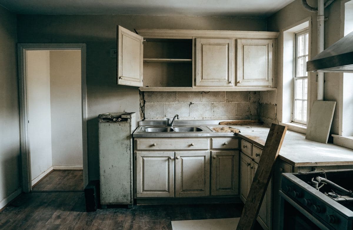 Illustrative dated rental kitchen ready for renovation