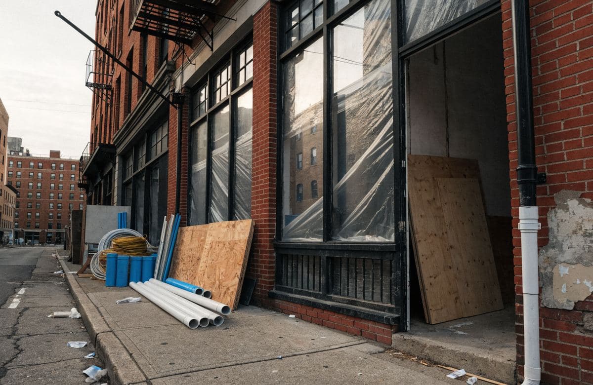 Illustrative brick commercial storefront with a masonry facade