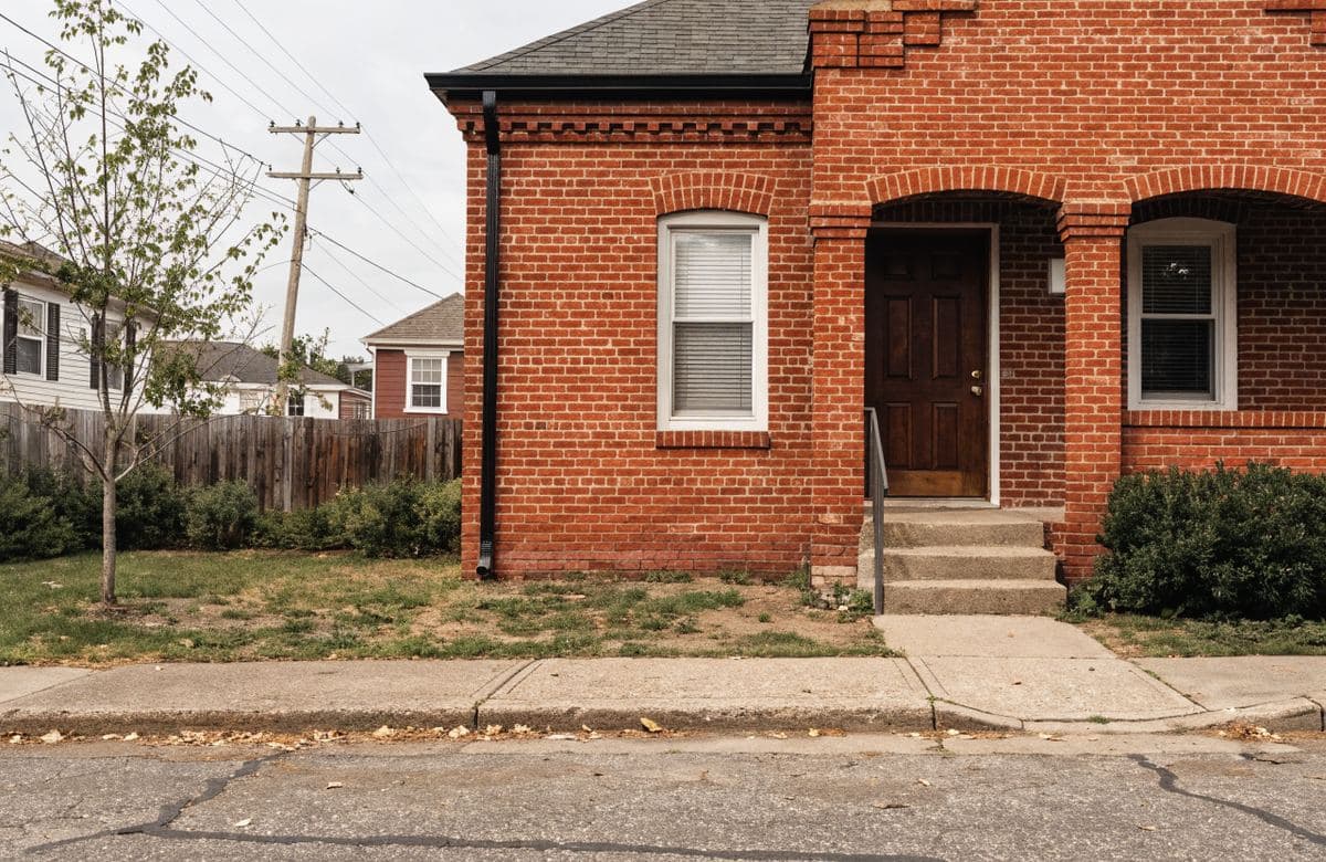 Illustrative red brick single-family home with masonry walls and steps