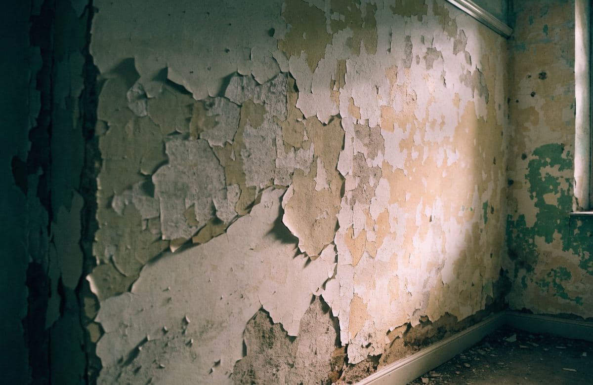 Illustrative interior wall with peeling and flaking paint