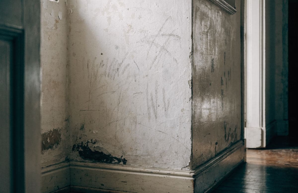 Illustrative worn, scuffed interior wall finish in an older room