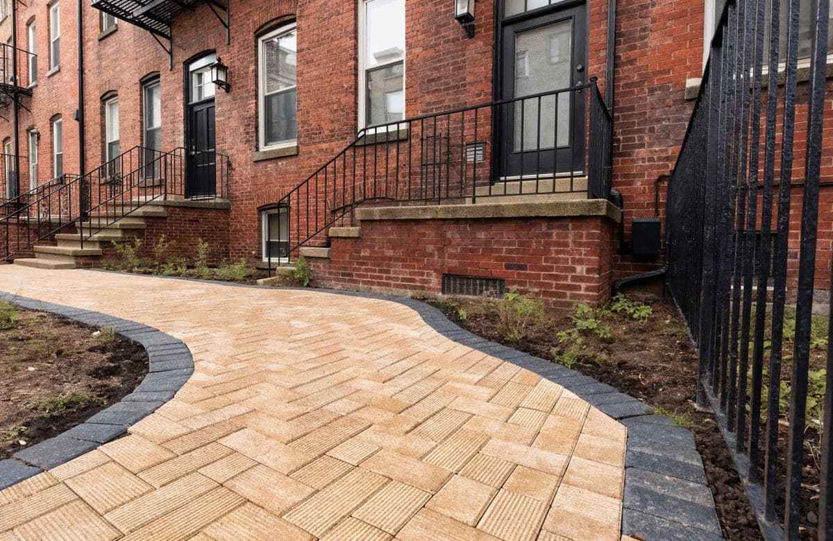 Illustrative shared paver walkway along the stoops of a multifamily building