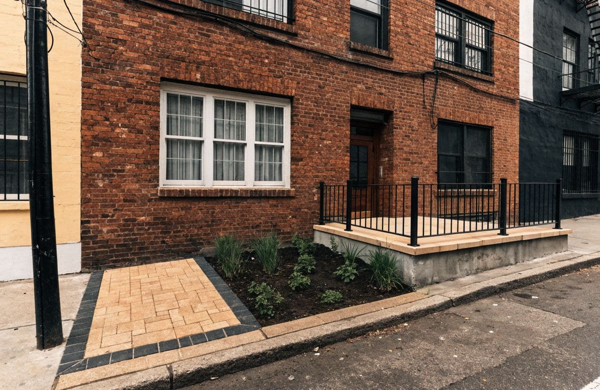Illustrative brick rental building with a new paver front walk