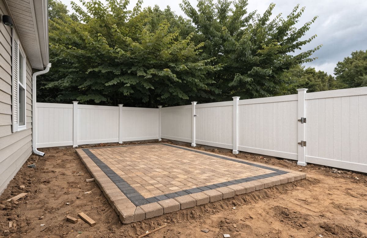 Illustrative backyard of a single-family home with a bordered paver patio