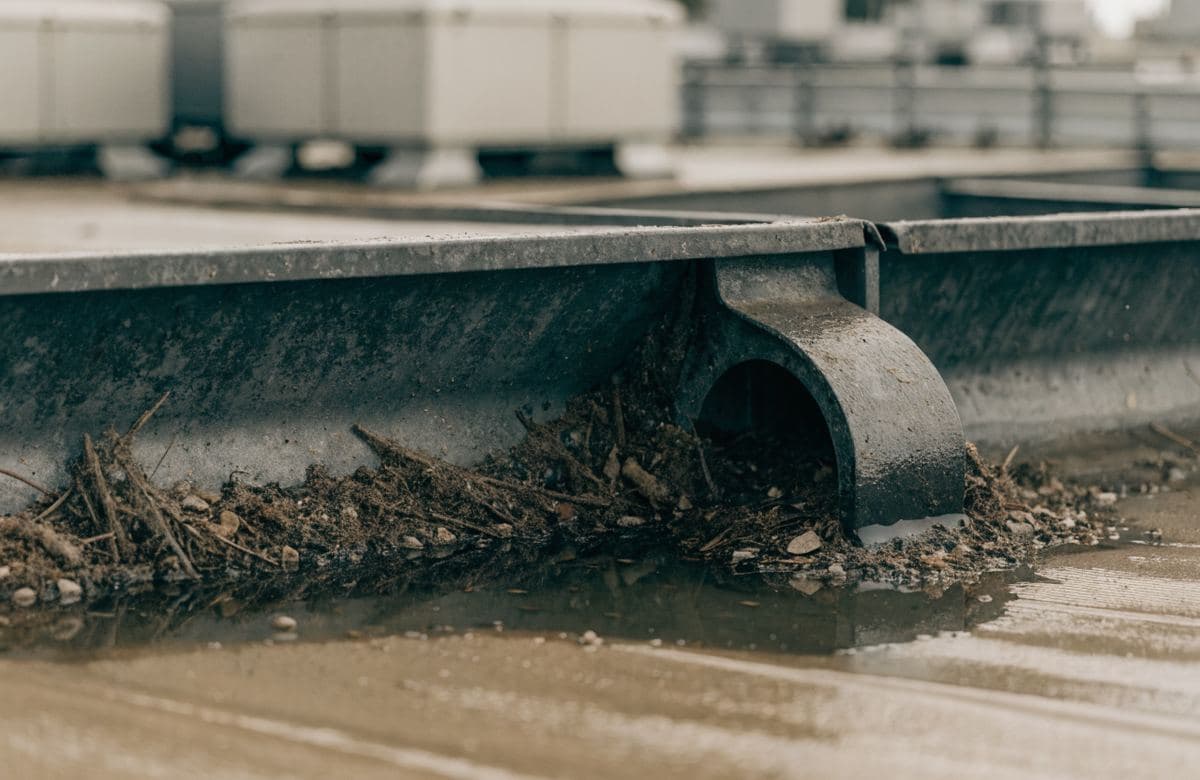 Illustrative clogged roof drain with debris and standing water