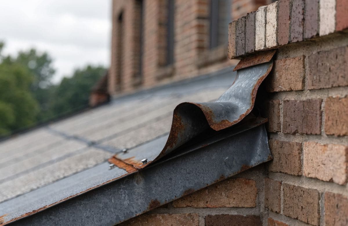 Illustrative damaged metal flashing lifting at a roof edge