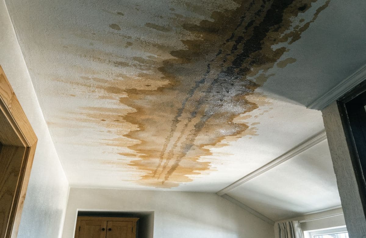 Illustrative interior ceiling with a brown water stain from a roof leak
