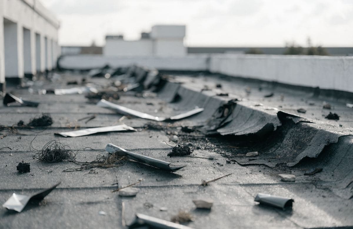 Illustrative storm-damaged flat roof with scattered debris